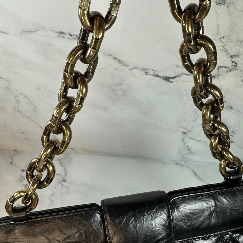 Chanel Frame Shoulder Bag CC Distressed Quilted Leather Black/Gold Thick Chain